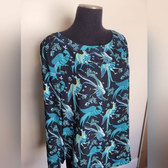 LOFT Snowbird Peacock Print Blouse Novelty Pleated Back Career Office Medium - Picture 11 of 13
